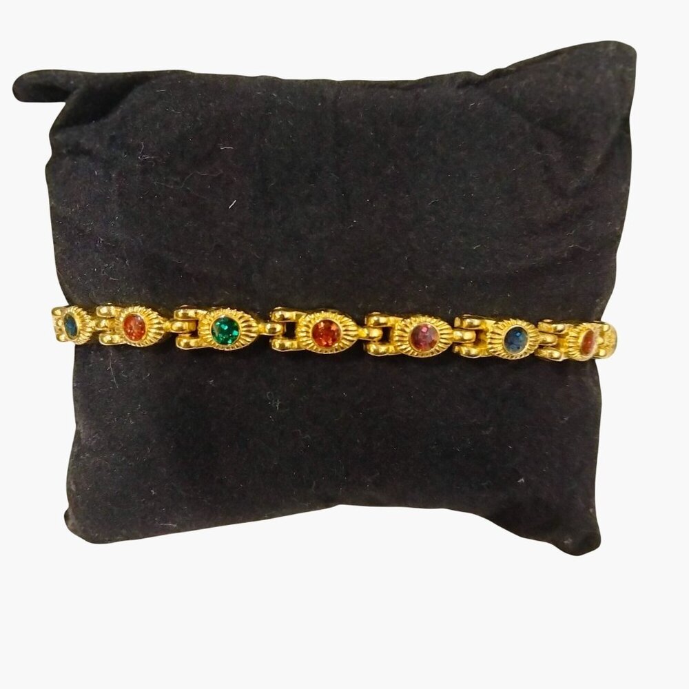 Gold Tone Bracelet Multicolored Crystals Rhinestone Box Clasp 7 Inch
